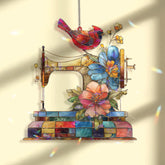 Sewing Machine Acrylic Suncatcher, Red Cardinal and Floral Window Hanging, Quilter Gift, Sewing Room Acrylic Art Home Decor